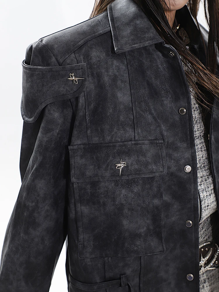 Женская кожаная куртка SHENGPALAE Fashion Tie Dye с лацканами, карман с металлической пряжкой, Свободное пальто в стиле пэчворк, осень 2023, Новинка Tide 5R5647 4