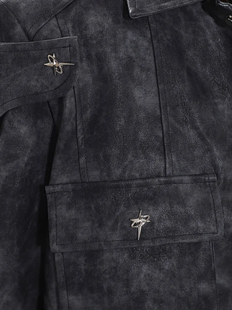 Женская кожаная куртка SHENGPALAE Fashion Tie Dye с лацканами, карман с металлической пряжкой, Свободное пальто в стиле пэчворк, осень 2023, Новинка Tide 5R5647 5