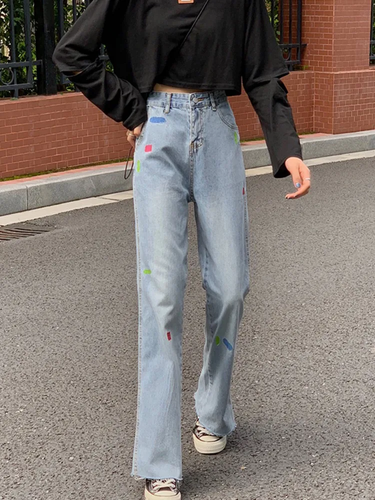 SML 2023 Весенние женские прямые джинсы с вышивкой высокого качества, уличная одежда, повседневные длинные джинсовые брюки с разрезом сзади, женские (F8055 1