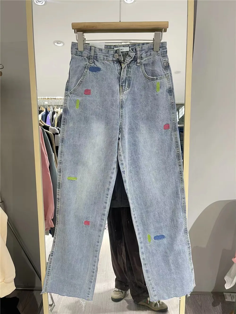 SML 2023 Весенние женские прямые джинсы с вышивкой высокого качества, уличная одежда, повседневные длинные джинсовые брюки с разрезом сзади, женские (F8055 4
