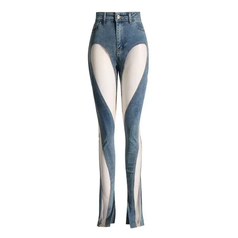 Сексуальные открытые джинсы с нерегулярными швами, женские сетчатые прострочки, облегающие тонкие брюки, весенние модные женские маленькие дизайнерские брюки 1