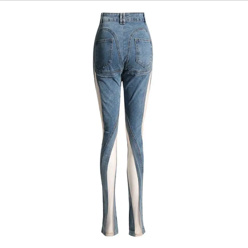 Сексуальные открытые джинсы с нерегулярными швами, женские сетчатые прострочки, облегающие тонкие брюки, весенние модные женские маленькие дизайнерские брюки 2