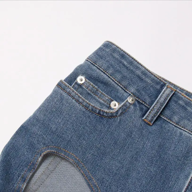 Сексуальные открытые джинсы с нерегулярными швами, женские сетчатые прострочки, облегающие тонкие брюки, весенние модные женские маленькие дизайнерские брюки 3