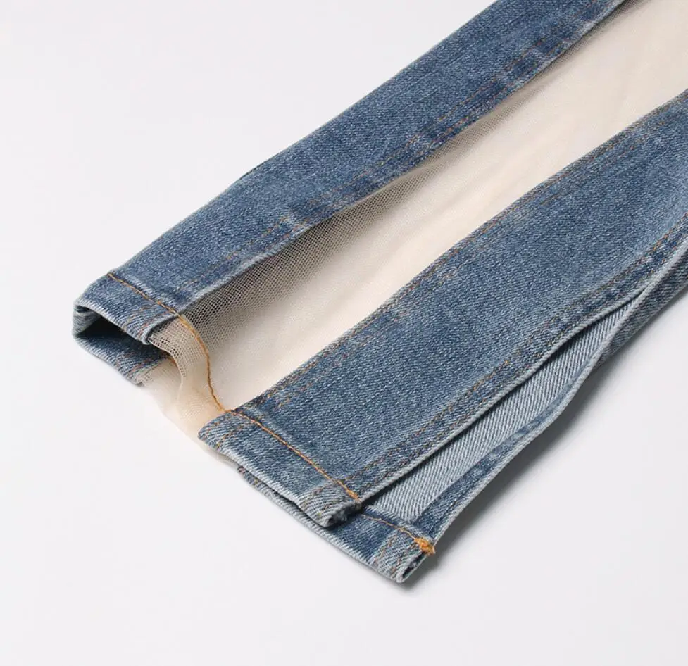 Сексуальные открытые джинсы с нерегулярными швами, женские сетчатые прострочки, облегающие тонкие брюки, весенние модные женские маленькие дизайнерские брюки 4