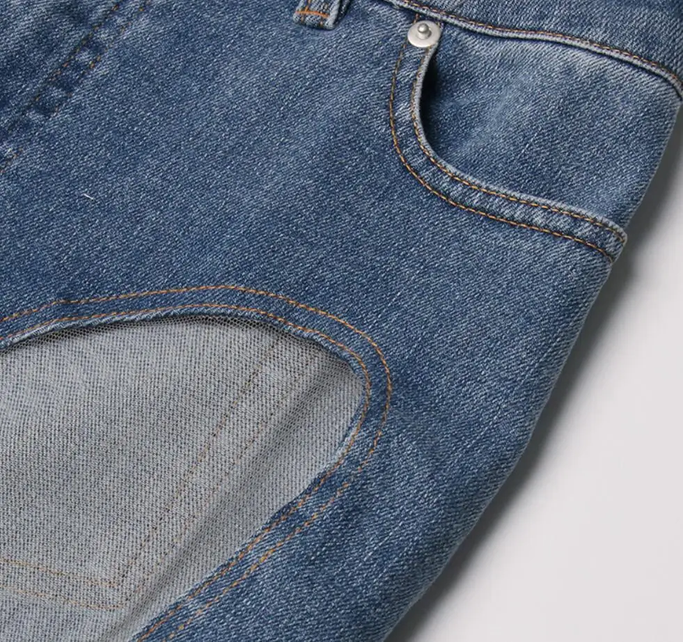 Сексуальные открытые джинсы с нерегулярными швами, женские сетчатые прострочки, облегающие тонкие брюки, весенние модные женские маленькие дизайнерские брюки 5