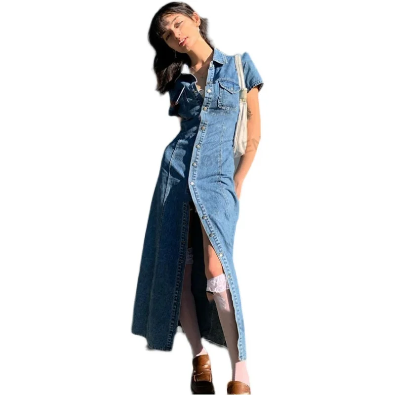 Женское джинсовое платье 2023, Новое темно-синее облегающее однобортное длинное джинсовое платье с отворотом на талии, облегающее талию, Бесплатная доставка 4