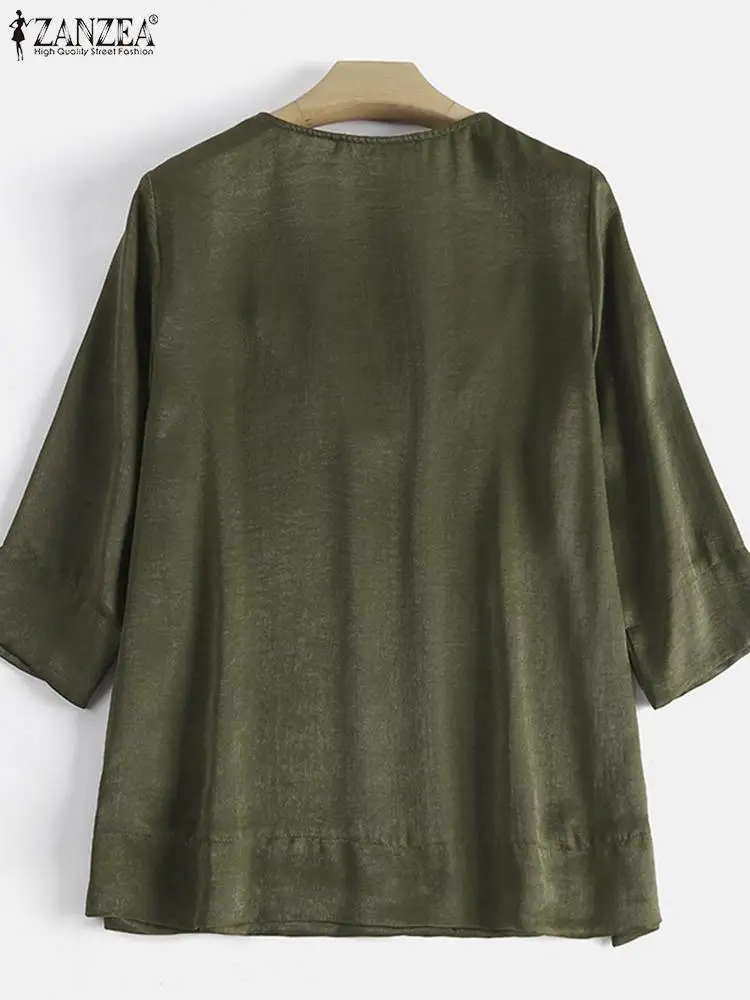 ZANZEA Элегантная атласная блузка с оборками по низу, летние однотонные топы с рукавами 3/4, винтажная праздничная сорочка, богемная свободная рубашка для вечеринок 4
