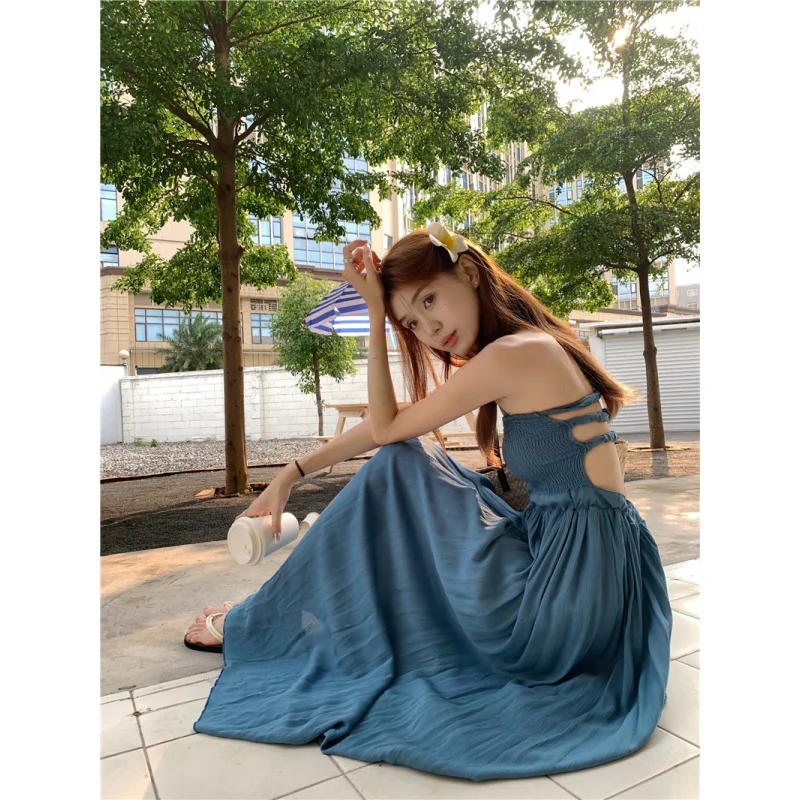 Летнее синее платье Y2K Clothes Женское платье с открытой спиной, без рукавов, сексуальная Корейская мода 2023, женское Простое Длинное платье 0