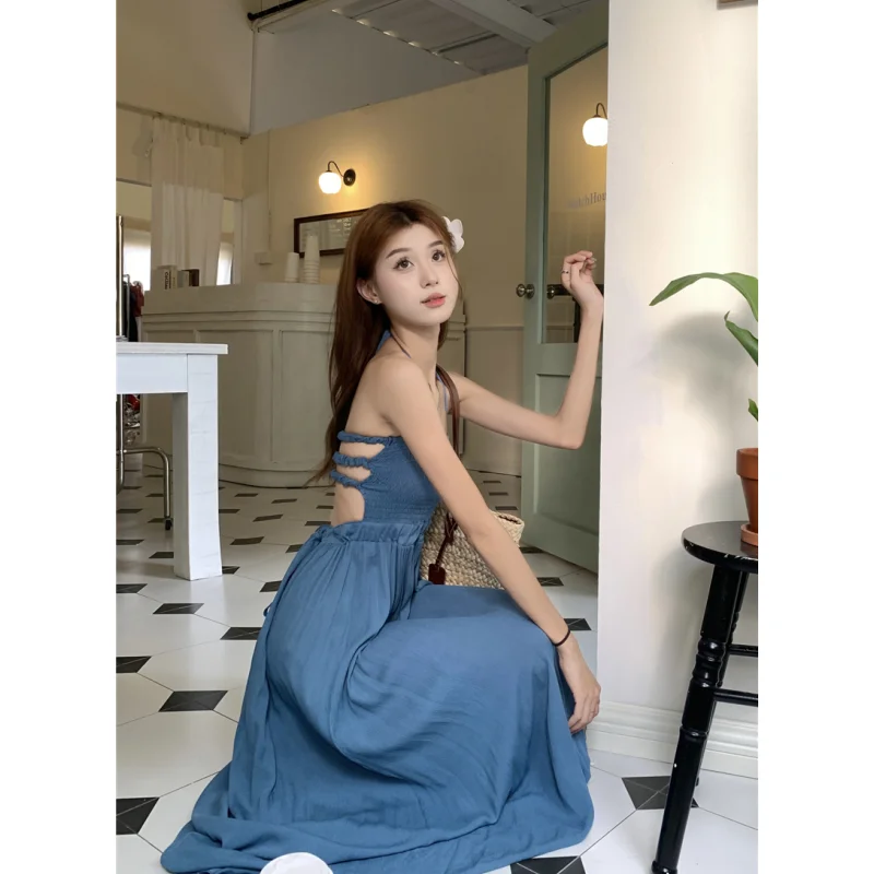 Летнее синее платье Y2K Clothes Женское платье с открытой спиной, без рукавов, сексуальная Корейская мода 2023, женское Простое Длинное платье 1
