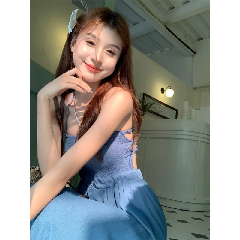 Летнее синее платье Y2K Clothes Женское платье с открытой спиной, без рукавов, сексуальная Корейская мода 2023, женское Простое Длинное платье 2