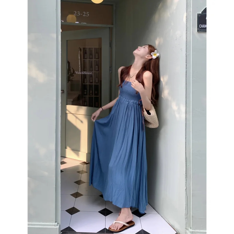 Летнее синее платье Y2K Clothes Женское платье с открытой спиной, без рукавов, сексуальная Корейская мода 2023, женское Простое Длинное платье 4