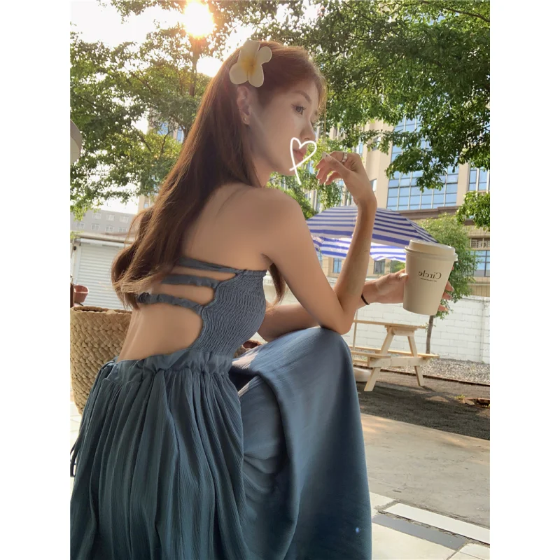 Летнее синее платье Y2K Clothes Женское платье с открытой спиной, без рукавов, сексуальная Корейская мода 2023, женское Простое Длинное платье 5