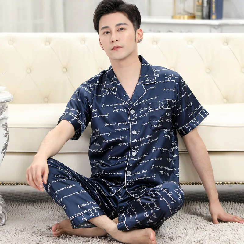 Мужские атласные пижамные комплекты Домашняя одежда с коротким рукавом для ночного сна Пижама на пуговицах для отдыха 3