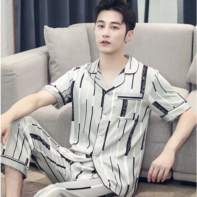 Мужские атласные пижамные комплекты Домашняя одежда с коротким рукавом для ночного сна Пижама на пуговицах для отдыха 4