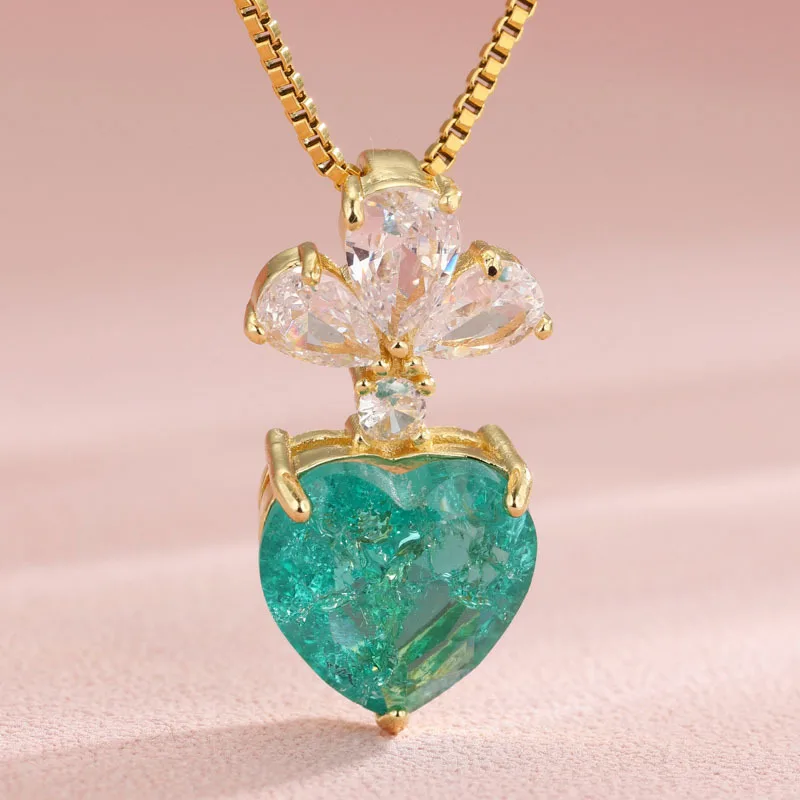 Классическое блестящее квадратное ожерелье из зеленого кубического циркона для женщин Золотого цвета в виде капли воды в форме сердца 2023 2