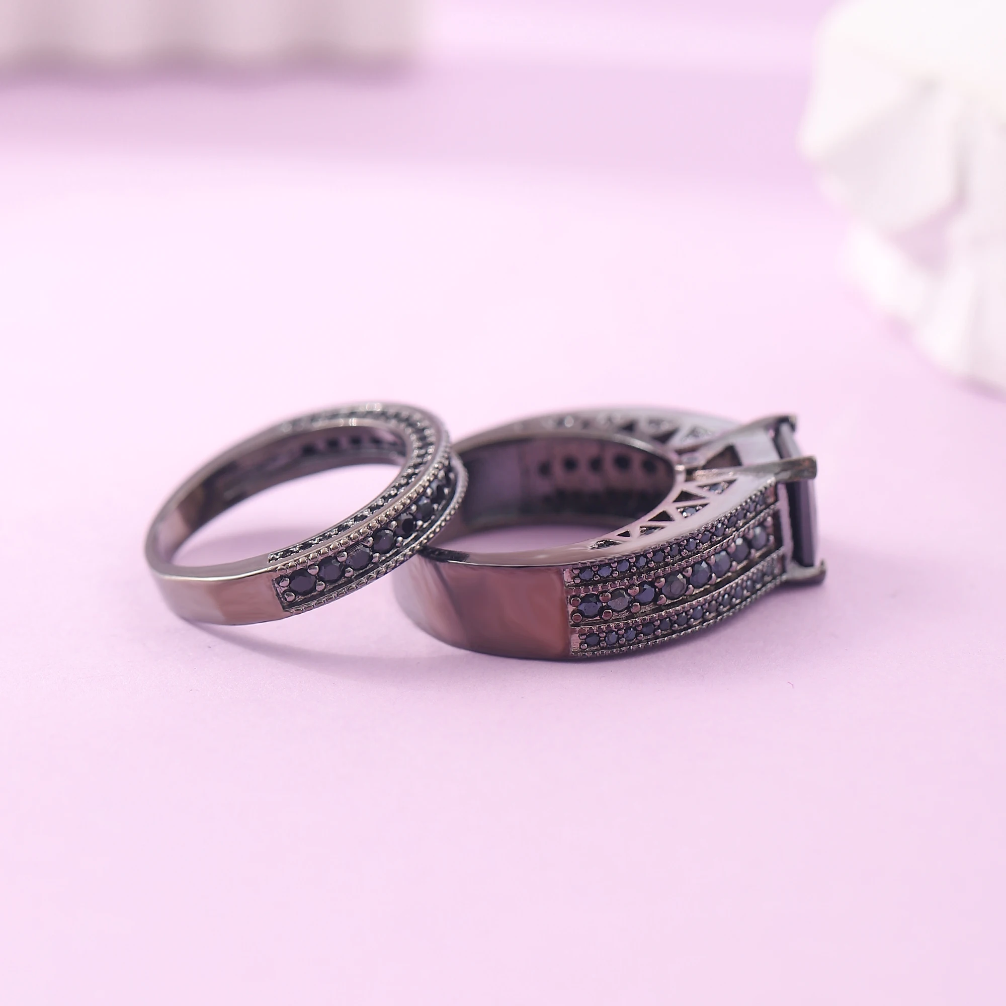 2 шт./компл. Стильное кольцо с черным цирконием, модные украшения для женщин, девочек, свадеб, помолвок 3