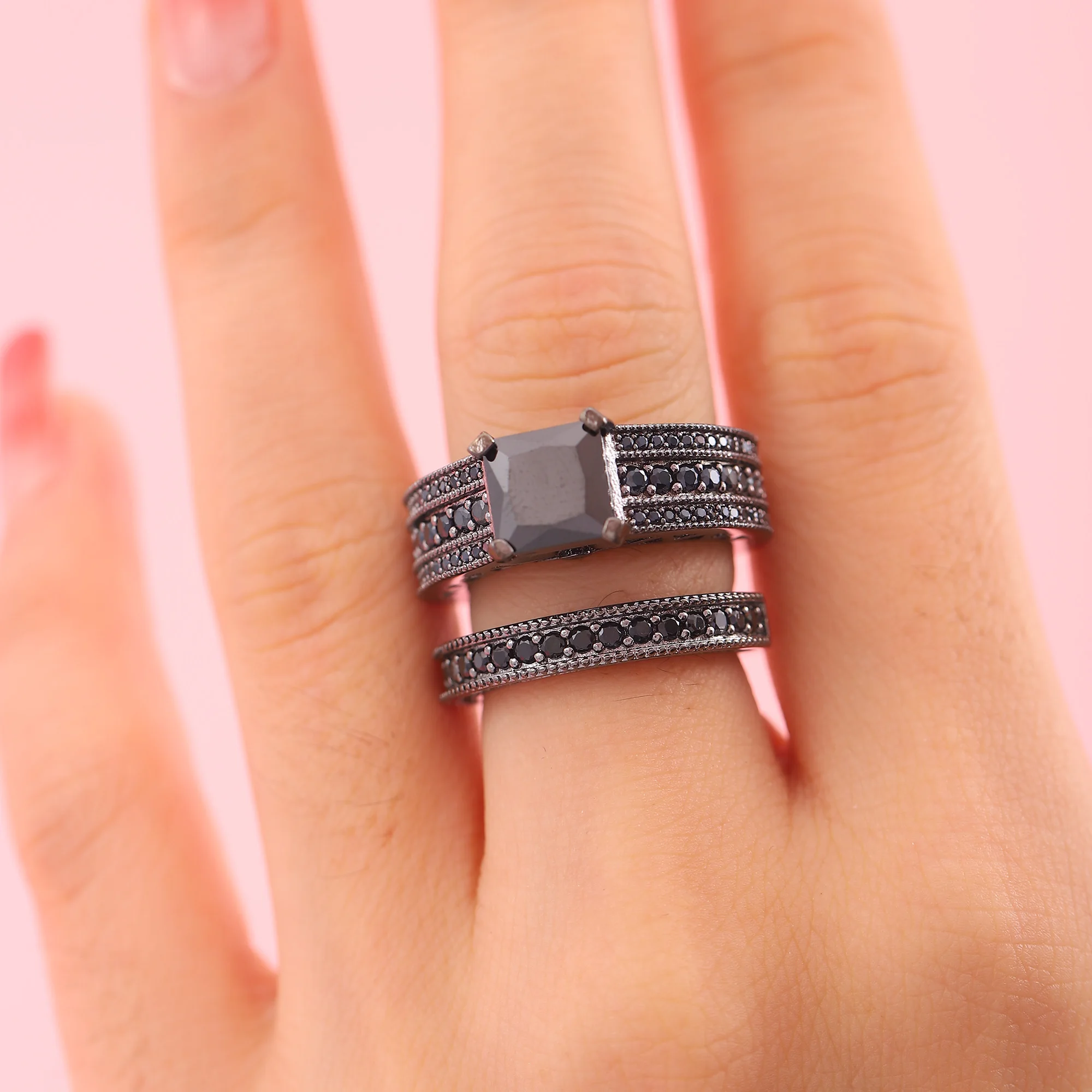 2 шт./компл. Стильное кольцо с черным цирконием, модные украшения для женщин, девочек, свадеб, помолвок 5