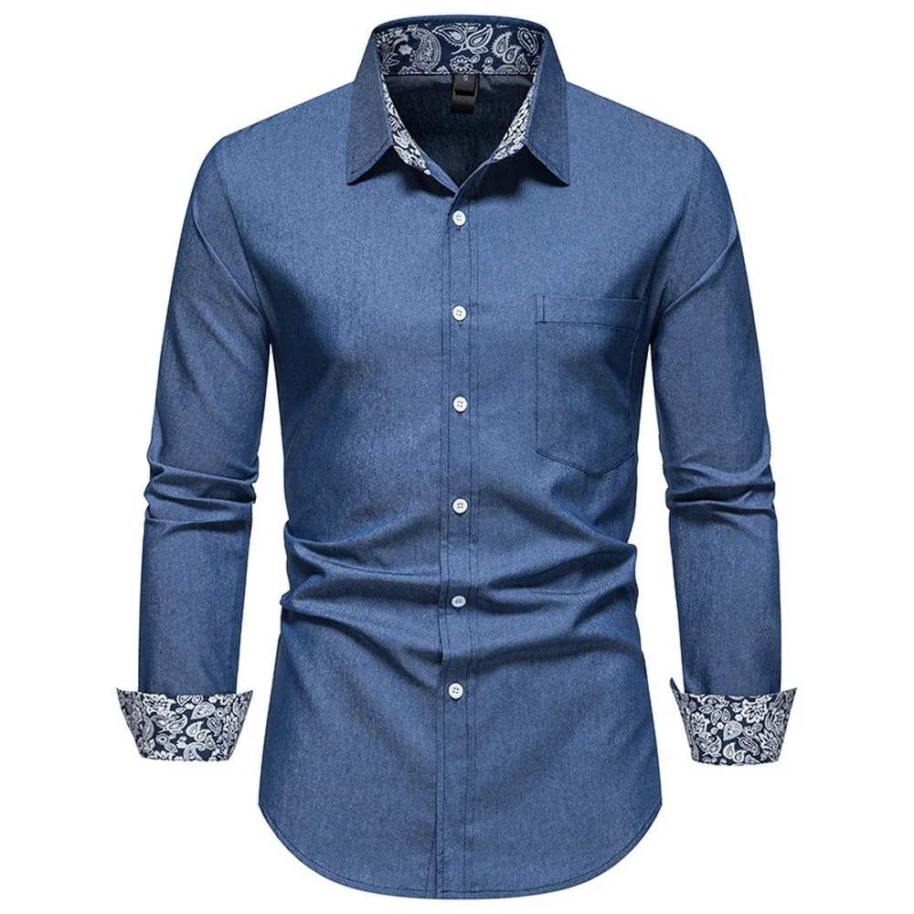 2022 Новая мужская повседневная рубашка, весенне-осенние джинсовые рубашки с длинными рукавами и принтом на подкладке 0