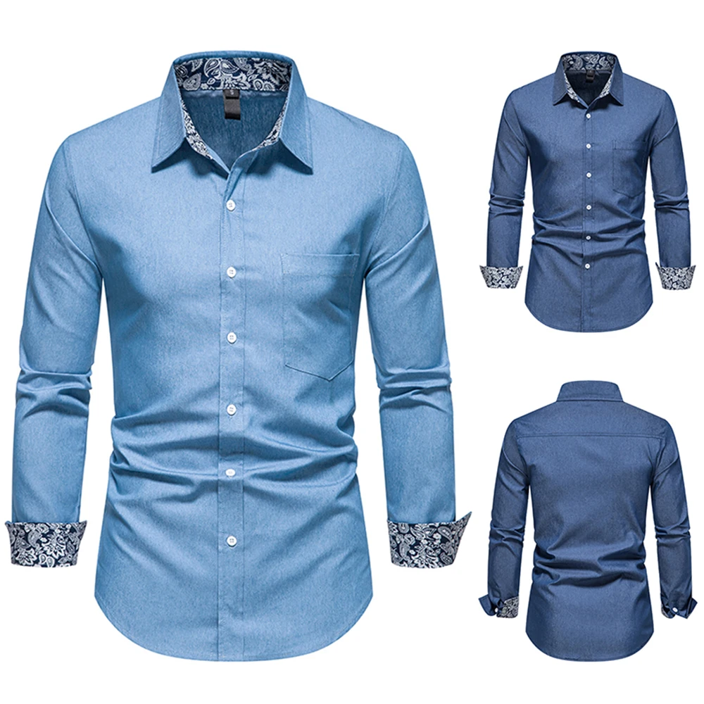 2022 Новая мужская повседневная рубашка, весенне-осенние джинсовые рубашки с длинными рукавами и принтом на подкладке 1