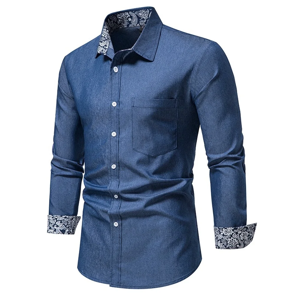 2022 Новая мужская повседневная рубашка, весенне-осенние джинсовые рубашки с длинными рукавами и принтом на подкладке 2