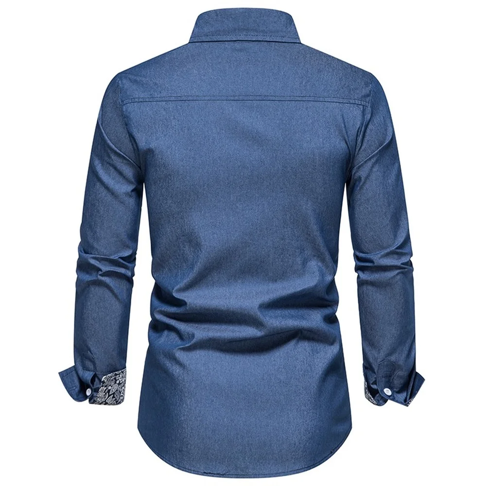 2022 Новая мужская повседневная рубашка, весенне-осенние джинсовые рубашки с длинными рукавами и принтом на подкладке 3