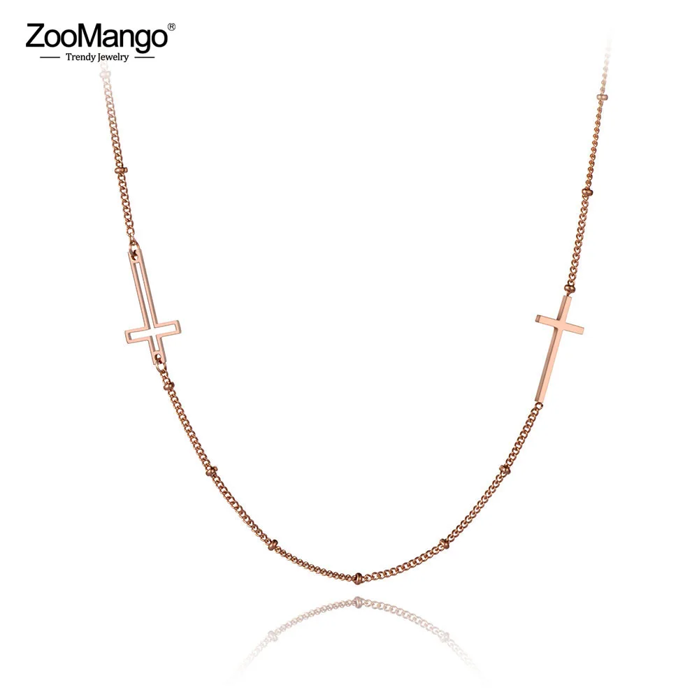 ZooMango Религиозное Ожерелье-чокер с двойным крестом из титана и нержавеющей стали для женщин, Подвеска-цепочка из розового золота ZN19173 0