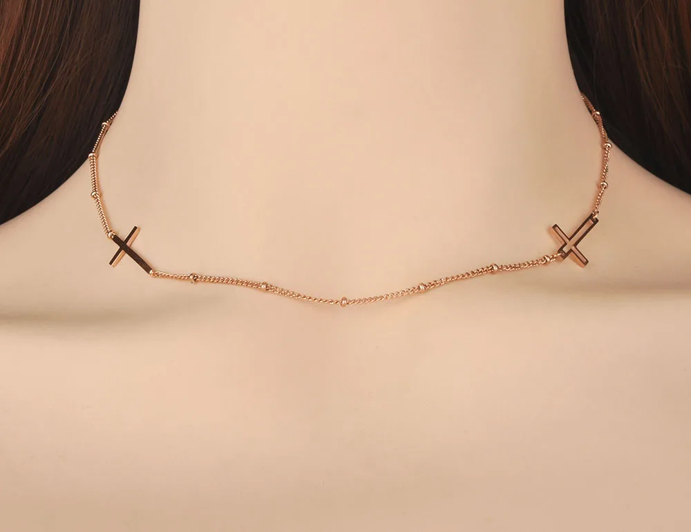ZooMango Религиозное Ожерелье-чокер с двойным крестом из титана и нержавеющей стали для женщин, Подвеска-цепочка из розового золота ZN19173 5