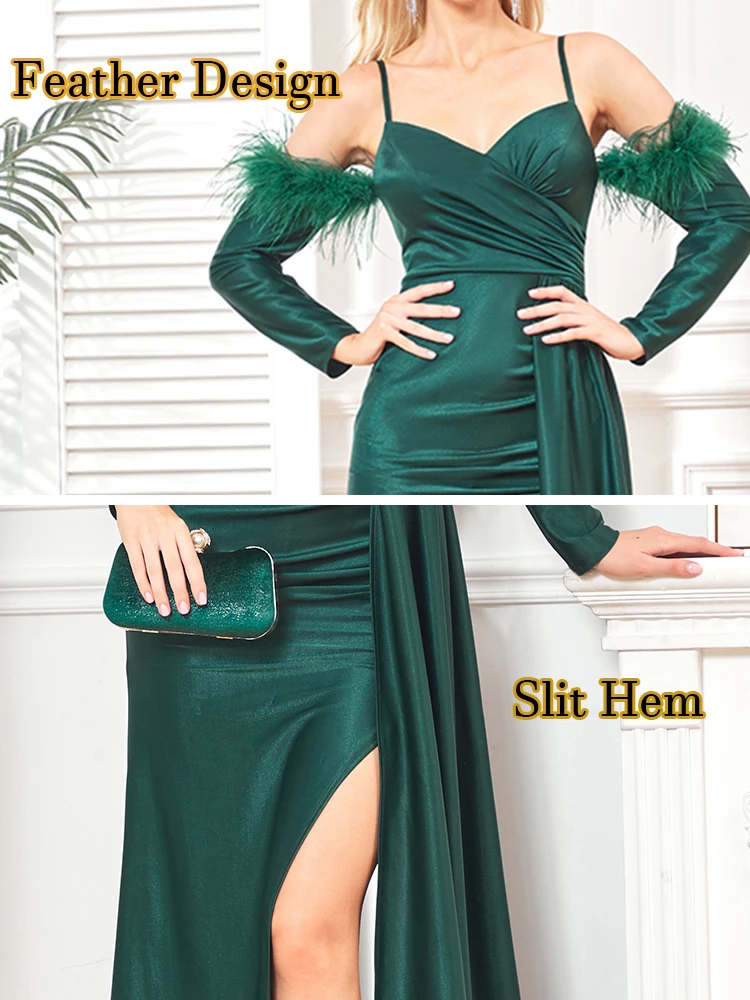Fannonnaf Элегантное зеленое платье с перьями для именинницы, вечеринка с открытыми плечами, танцевальный вечер, платья в пол, выпускной вечер, праздничные дамы 5