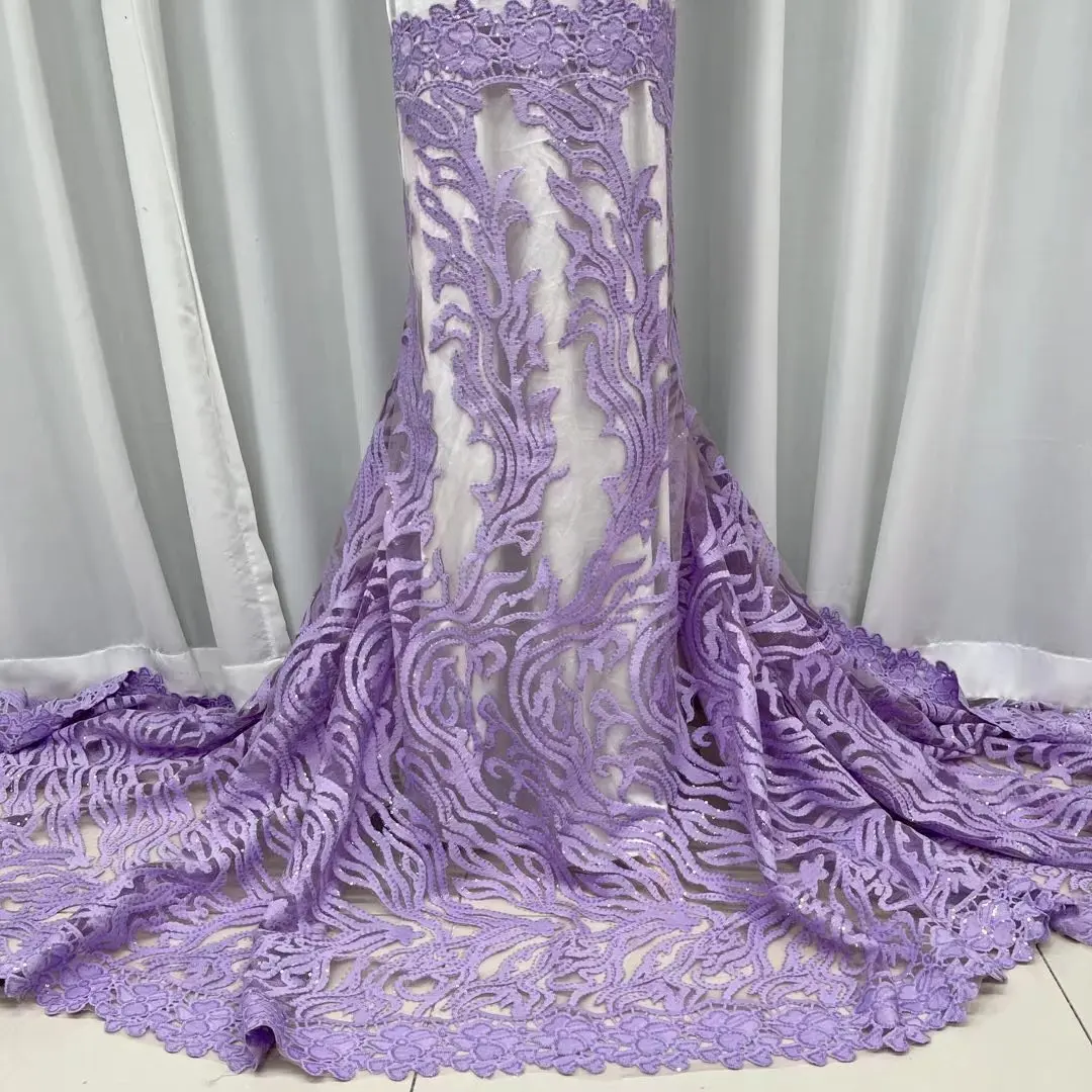 Фиолетовая кружевная ткань в африканскую сетку Gold Line с блестками для свадебного платья 2023, высококачественная вышивка, французская кружевная ткань из тюля 0