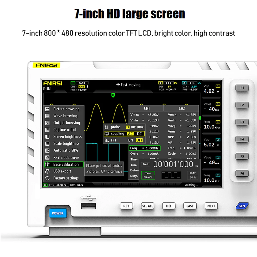 Цифровой осциллограф FNIRSI-1014D 2 в 1, Двухканальный генератор входных сигналов 100 МГц * 2, Аналитическая полоса пропускания 1 Гса/с, Частота дискретизации 1