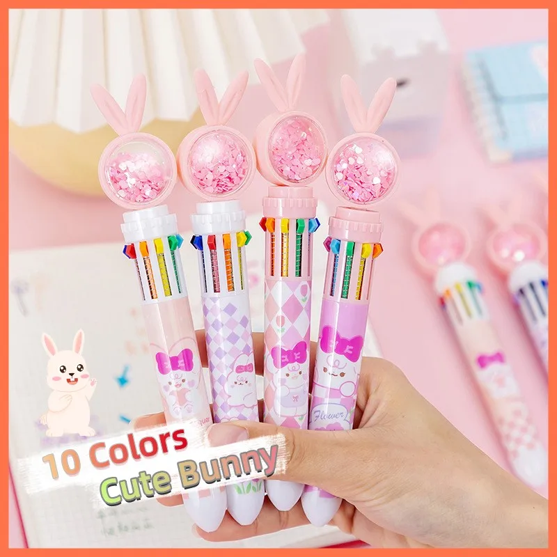 12 шт./лот Kawaii Cute Bunny 10 цветов Шариковая ручка Мультяшная Многоцветная ручка-роллер для письма Kawaii Rabbit Ручки Школьные принадлежности 0