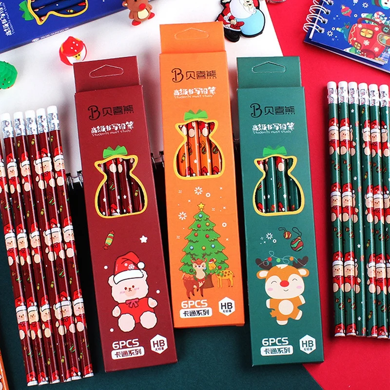 карандаши в рождественской упаковке 6шт, деревянный карандаш HB, карандаш с ластиком, детский карандаш для рисования, школьные канцелярские принадлежности для письма 1