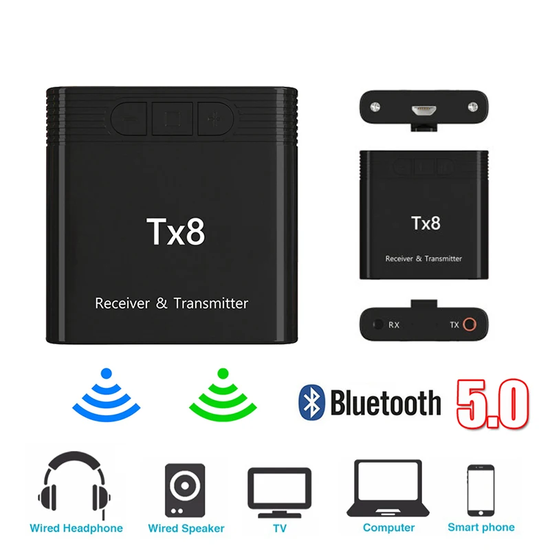 1 шт. Мини 2 в 1 TX8 Bluetooth 5.0 Передатчик приемник 3,5 мм разъем AUX Беспроводной аудиоадаптер Bluetooth Адаптер для автомобильного музыкального телевизора 0