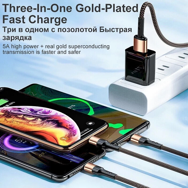 Кабель для Быстрой Зарядки 3 в 1 от USB до Type C Micro Для Apple iPhone 14 Pro Max Samsung S23 S22 Ultra Xiaomi 13 Аксессуары Для Зарядных Устройств 1