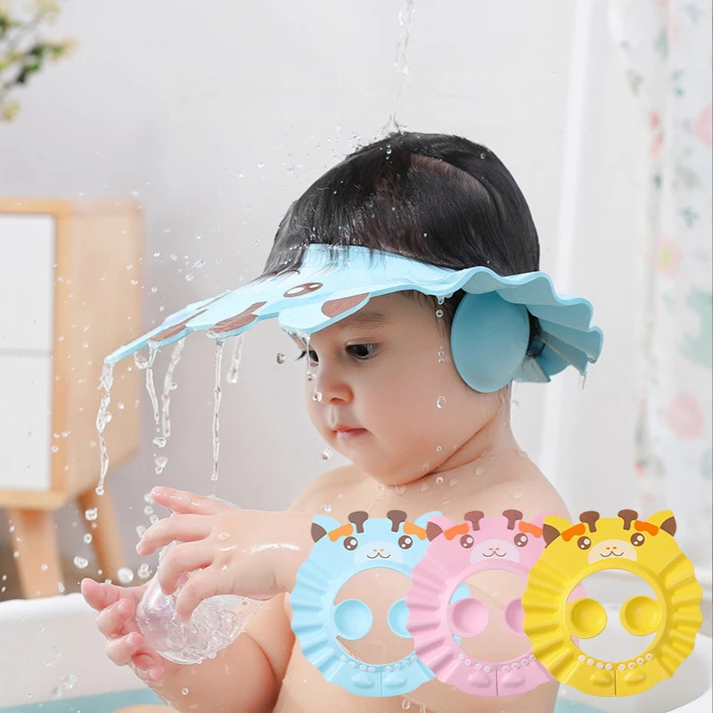 Мягкая шапочка для душа, регулируемая шапочка для мытья волос для детей, защита ушей, безопасный детский шампунь для купания, душ, защитный чехол для головы 0