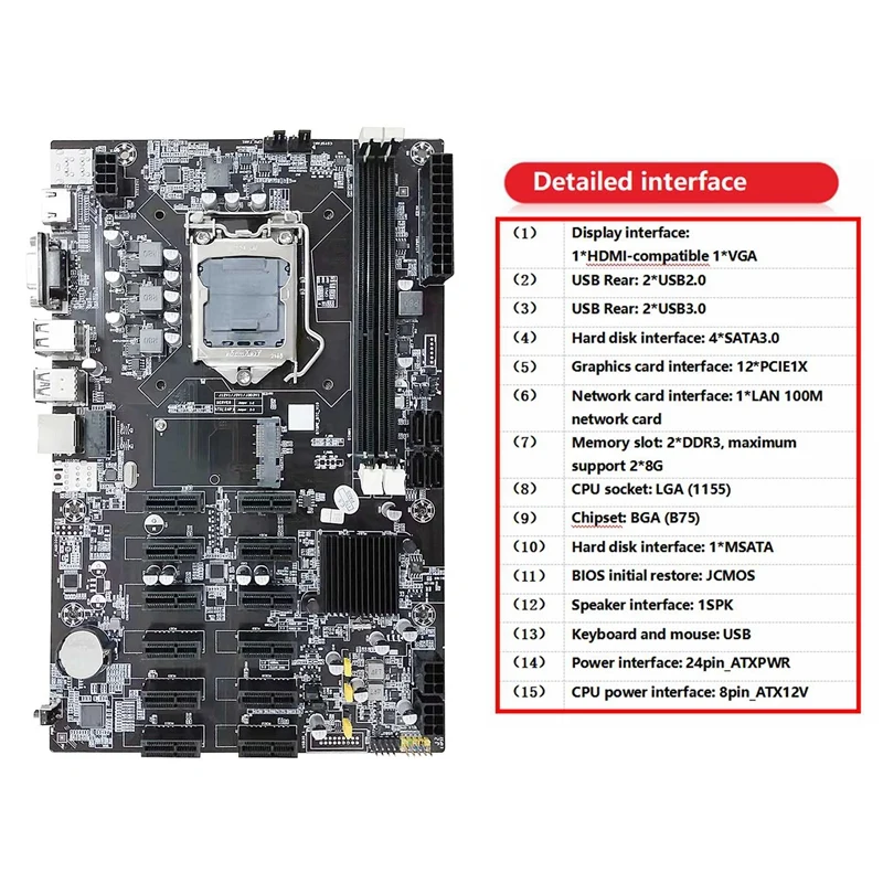 НОВИНКА-Материнская плата B75 12 PCIE для майнинга ETH + I3 2100 CPU LGA1155 MSATA USB3.0 SATA3.0 Поддержка оперативной памяти DDR3 Материнская плата B75 BTC Miner 5