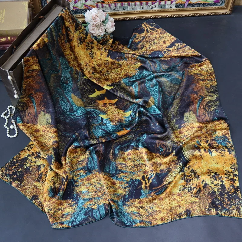 Высококачественные Элегантные женские атласные шали из качественного шелка с позолотой, напечатанной временем, с тонким закатанным вручную краем, большие квадратные шарфы-шали 0