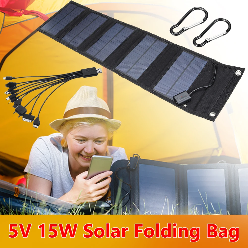Портативная солнечная панель мощностью 15 Вт, Водонепроницаемое мини-складное USB-зарядное устройство мощностью 5 В, зарядное устройство для мобильных устройств для путешествий на открытом воздухе 1