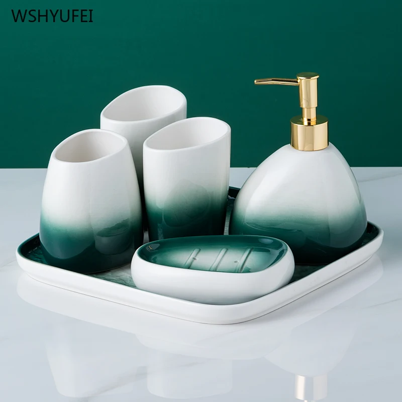 WSHYUFE Nordic Gradient green набор для ванной комнаты простой керамический держатель зубной щетки флакон лосьона мыльница Набор для мытья посуды для дома 0