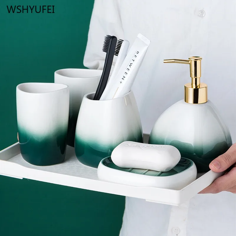 WSHYUFE Nordic Gradient green набор для ванной комнаты простой керамический держатель зубной щетки флакон лосьона мыльница Набор для мытья посуды для дома 1