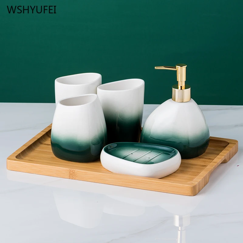 WSHYUFE Nordic Gradient green набор для ванной комнаты простой керамический держатель зубной щетки флакон лосьона мыльница Набор для мытья посуды для дома 2