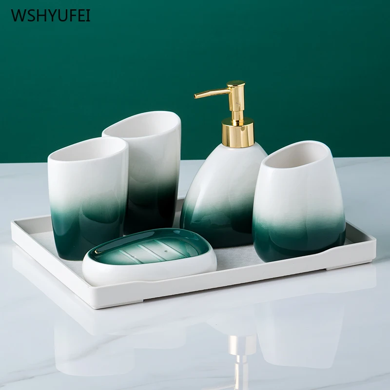 WSHYUFE Nordic Gradient green набор для ванной комнаты простой керамический держатель зубной щетки флакон лосьона мыльница Набор для мытья посуды для дома 3