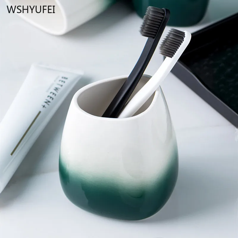 WSHYUFE Nordic Gradient green набор для ванной комнаты простой керамический держатель зубной щетки флакон лосьона мыльница Набор для мытья посуды для дома 5