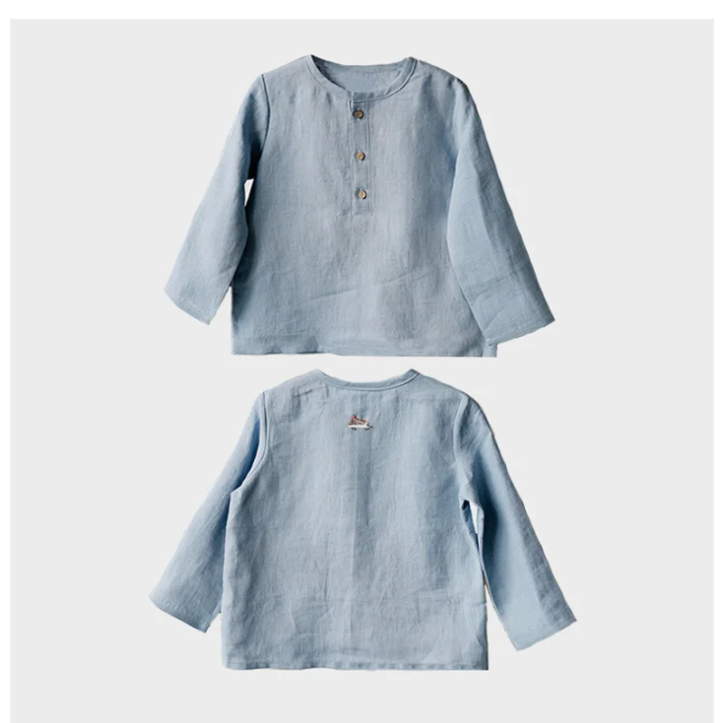 Новая летняя рубашка для мальчиков и девочек из хлопка и льна с вышивкой на шее, рубашка с длинными рукавами, Дышащая одежда для младенцев и малышей E2051 4