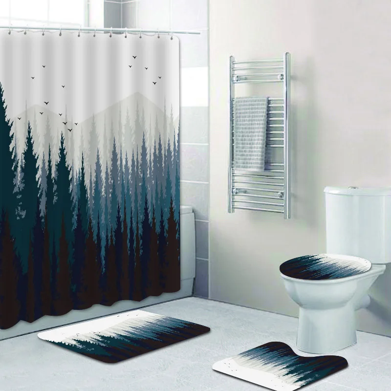 Деревенский пейзаж Туманный лес Набор штор для душа для ванной комнаты Природный пейзаж Горные занавески для ванной Коврики Коврики Домашний декор 0