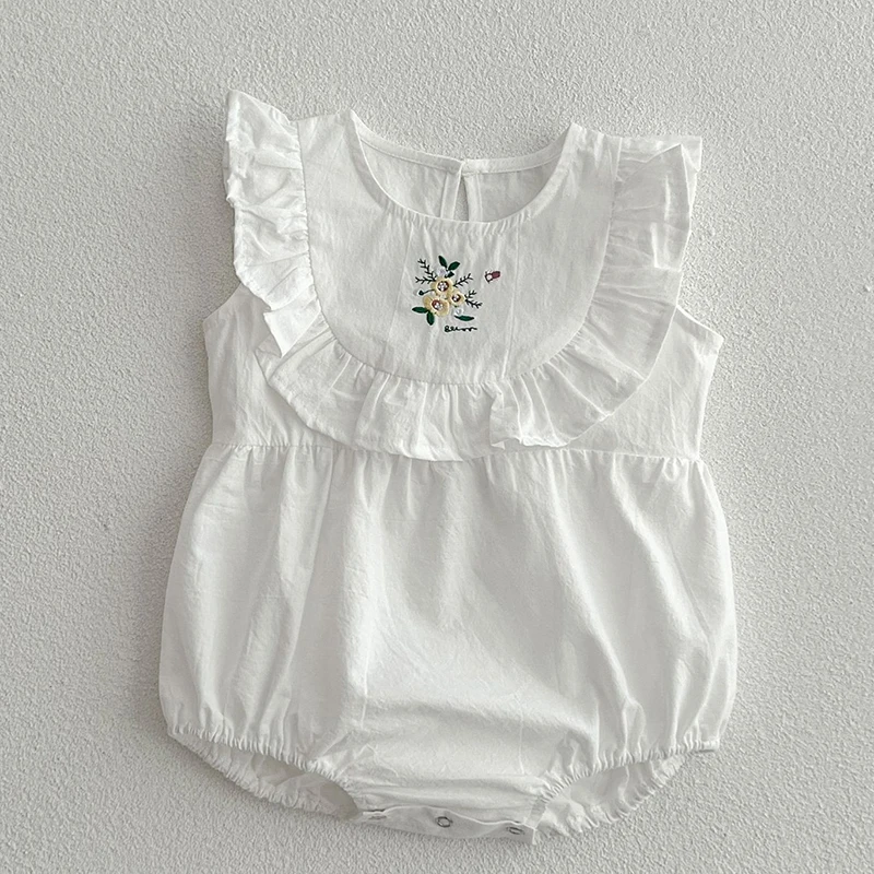 Летняя одежда для маленьких девочек 0-24 м, комбинезон для маленьких девочек, хлопковый комбинезон без рукавов с цветочной вышивкой, комбинезон для новорожденных девочек 0