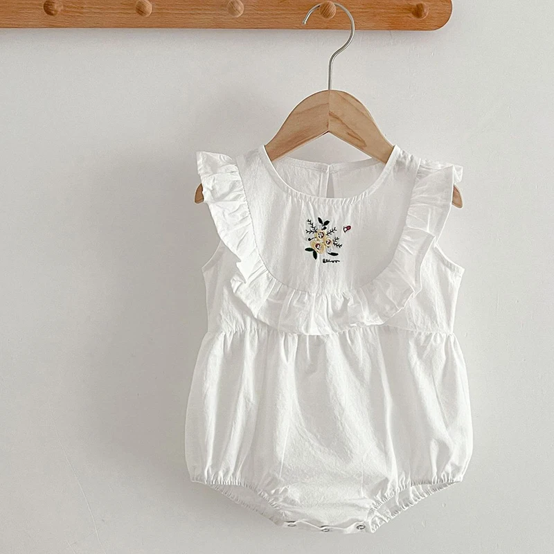 Летняя одежда для маленьких девочек 0-24 м, комбинезон для маленьких девочек, хлопковый комбинезон без рукавов с цветочной вышивкой, комбинезон для новорожденных девочек 1