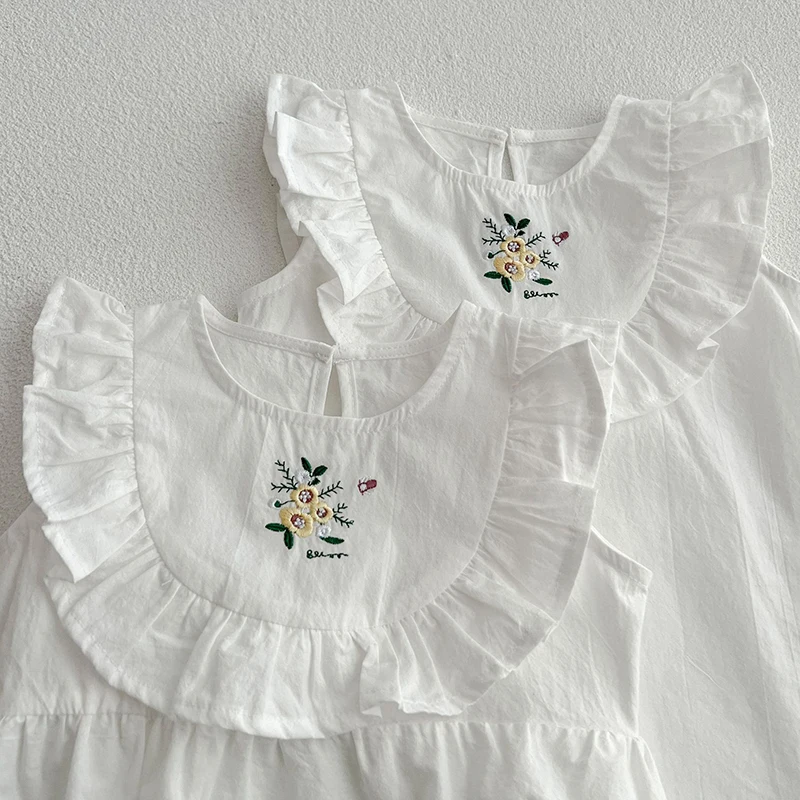 Летняя одежда для маленьких девочек 0-24 м, комбинезон для маленьких девочек, хлопковый комбинезон без рукавов с цветочной вышивкой, комбинезон для новорожденных девочек 4