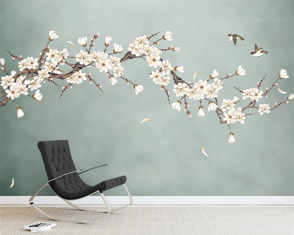 beibehang Custom, новый китайский стиль, нарисованные цветы, птицы, цветок магнолии, фоновые обои, декоративная роспись из папье-маше 1