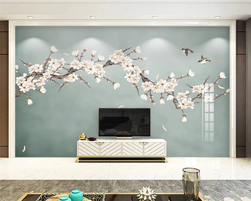 beibehang Custom, новый китайский стиль, нарисованные цветы, птицы, цветок магнолии, фоновые обои, декоративная роспись из папье-маше 3